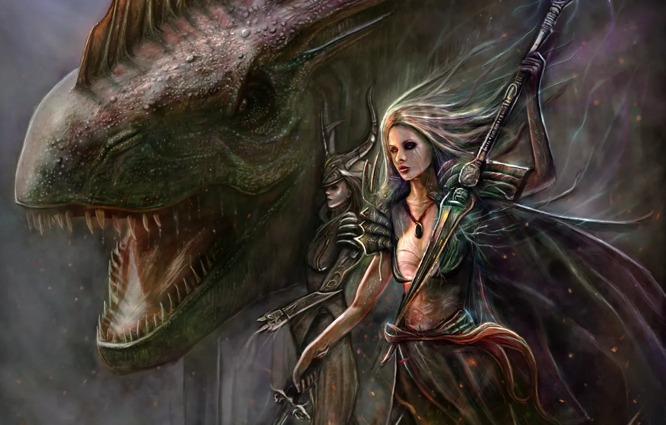 Photo wallpaper look, girl, weapons, fiction, monster, art, mouth