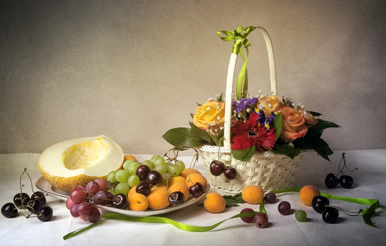 Photo wallpaper flowers, basket, roses, grapes, still life, gerbera, cherry, melon