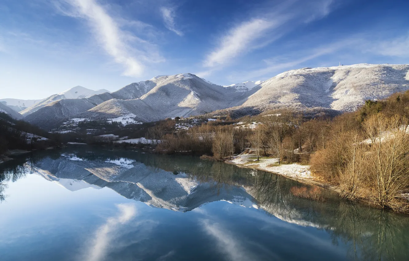 Photo wallpaper winter, the sky, snow, trees, landscape, mountains, lake