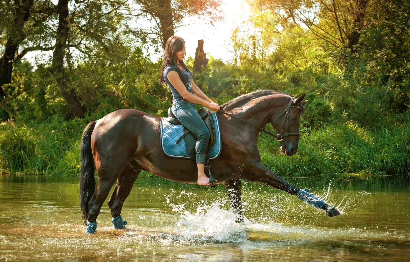 Photo wallpaper grass, water, girl, the sun, trees, squirt, nature, horse