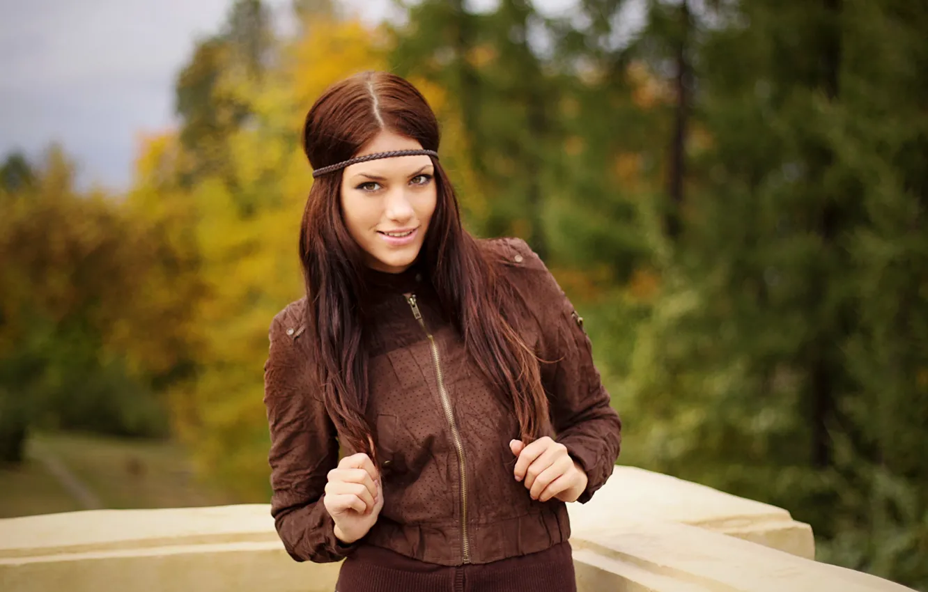 Photo wallpaper autumn, forest, girl, jacket, balcony, girl, beautiful, wood