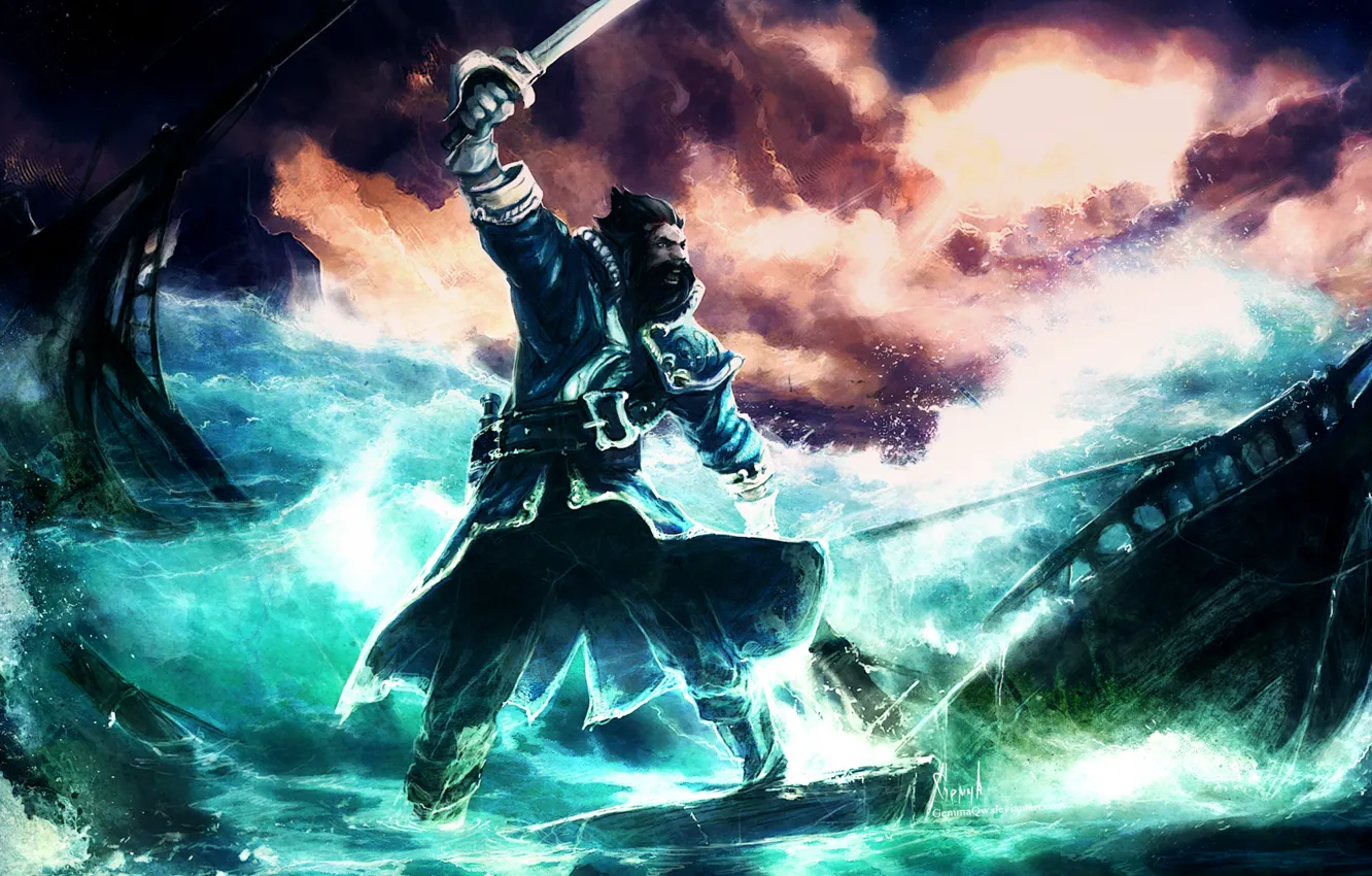 Photo wallpaper sea, the sky, water, clouds, storm, ship, art, captain