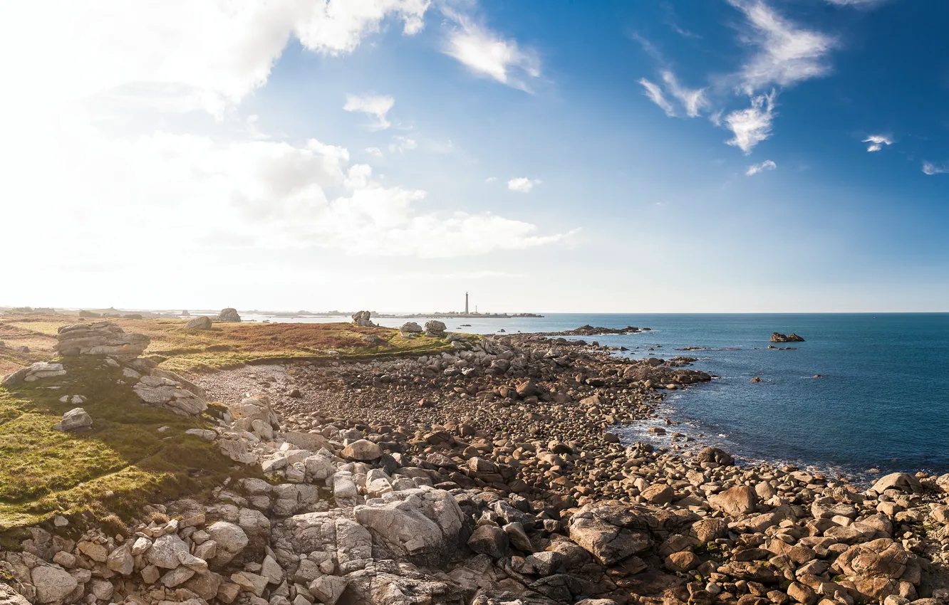 Photo wallpaper the sky, clouds, stones, the ocean, shore, France, lighthouse, morning