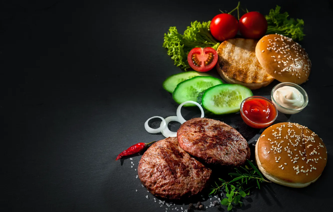 Photo wallpaper tomatoes, hamburger, Patty, cucumbers, blank