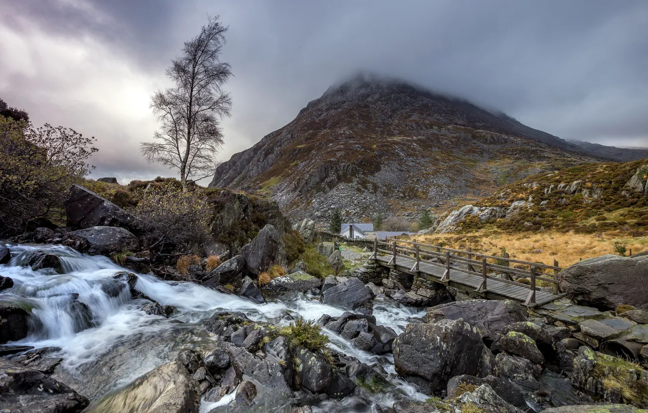 Photo wallpaper mountains, bridge, river