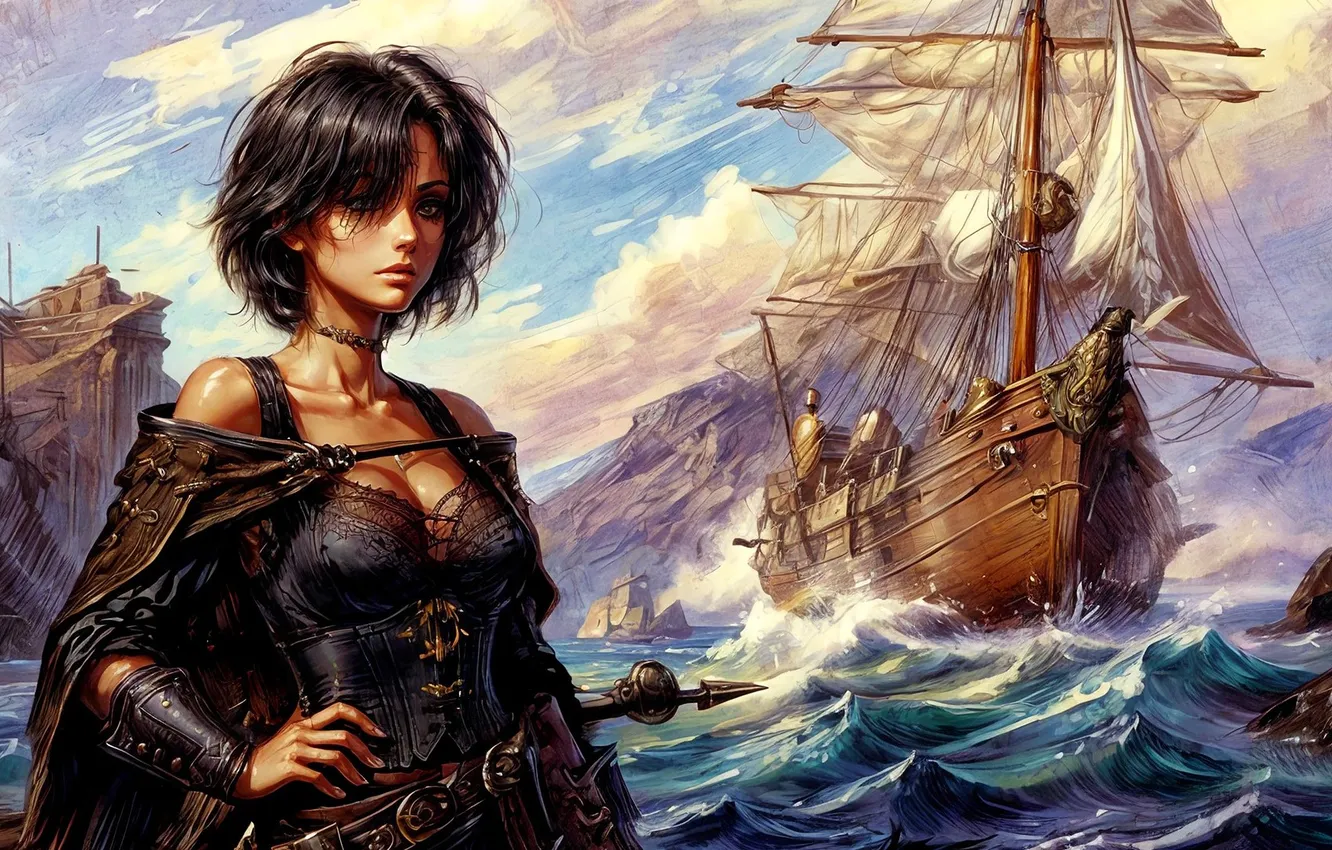 Photo wallpaper sea, girl, the city, stones, rocks, ship, sailboat, outfit