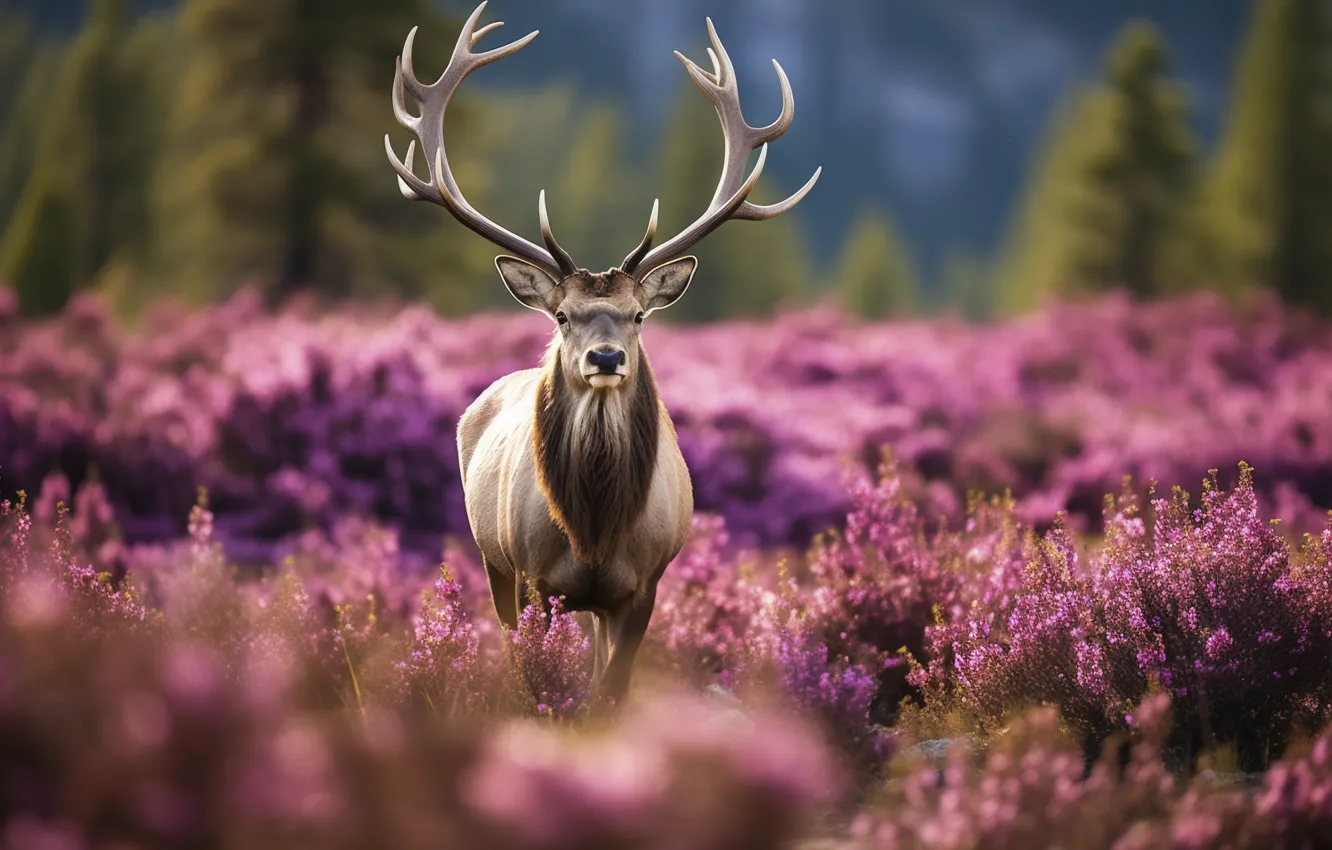 Photo wallpaper flowers, nature, deer, Heather, AI art, neural network