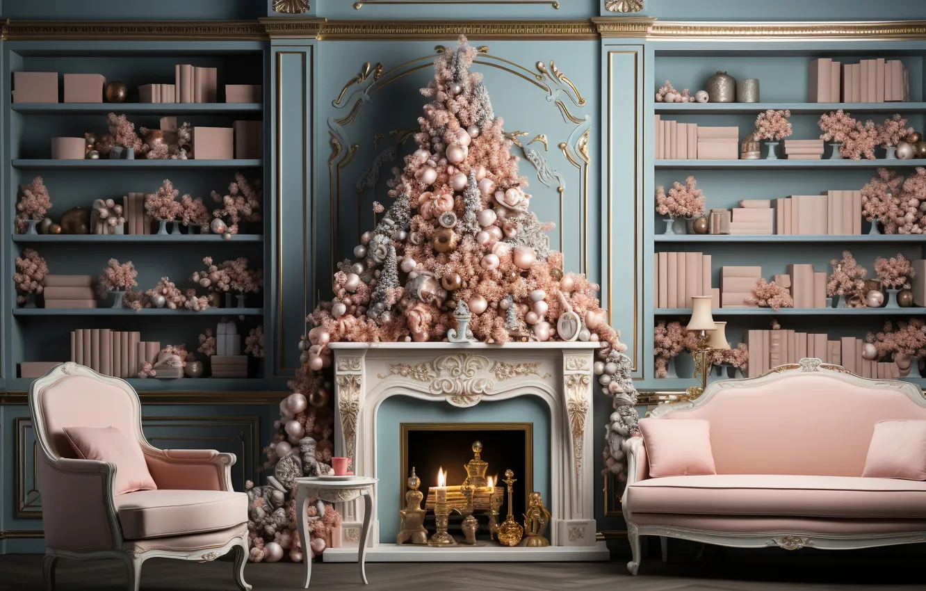 Photo wallpaper room, tree, new year, interior, Christmas, fireplace, Christmas, view