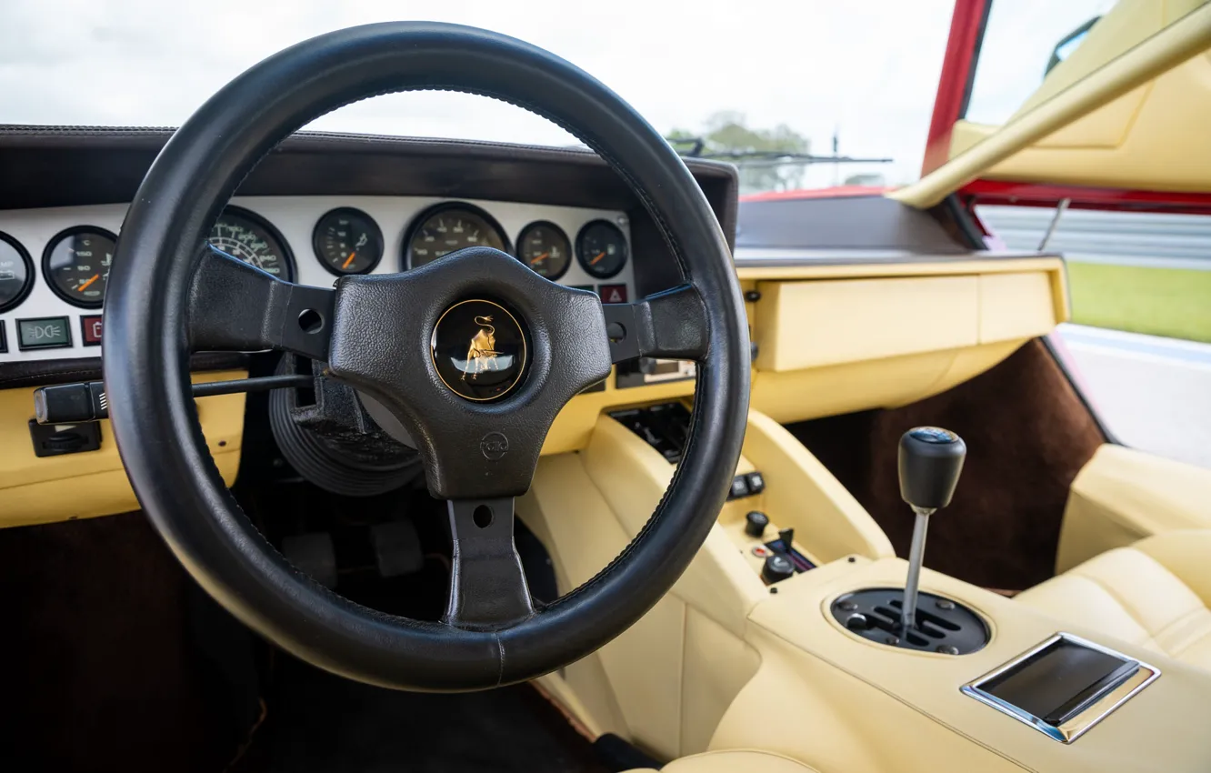 Photo wallpaper Lamborghini, logo, lambo, Countach, steering wheel, LP5000 S, Lamborghini Countach LP500 S