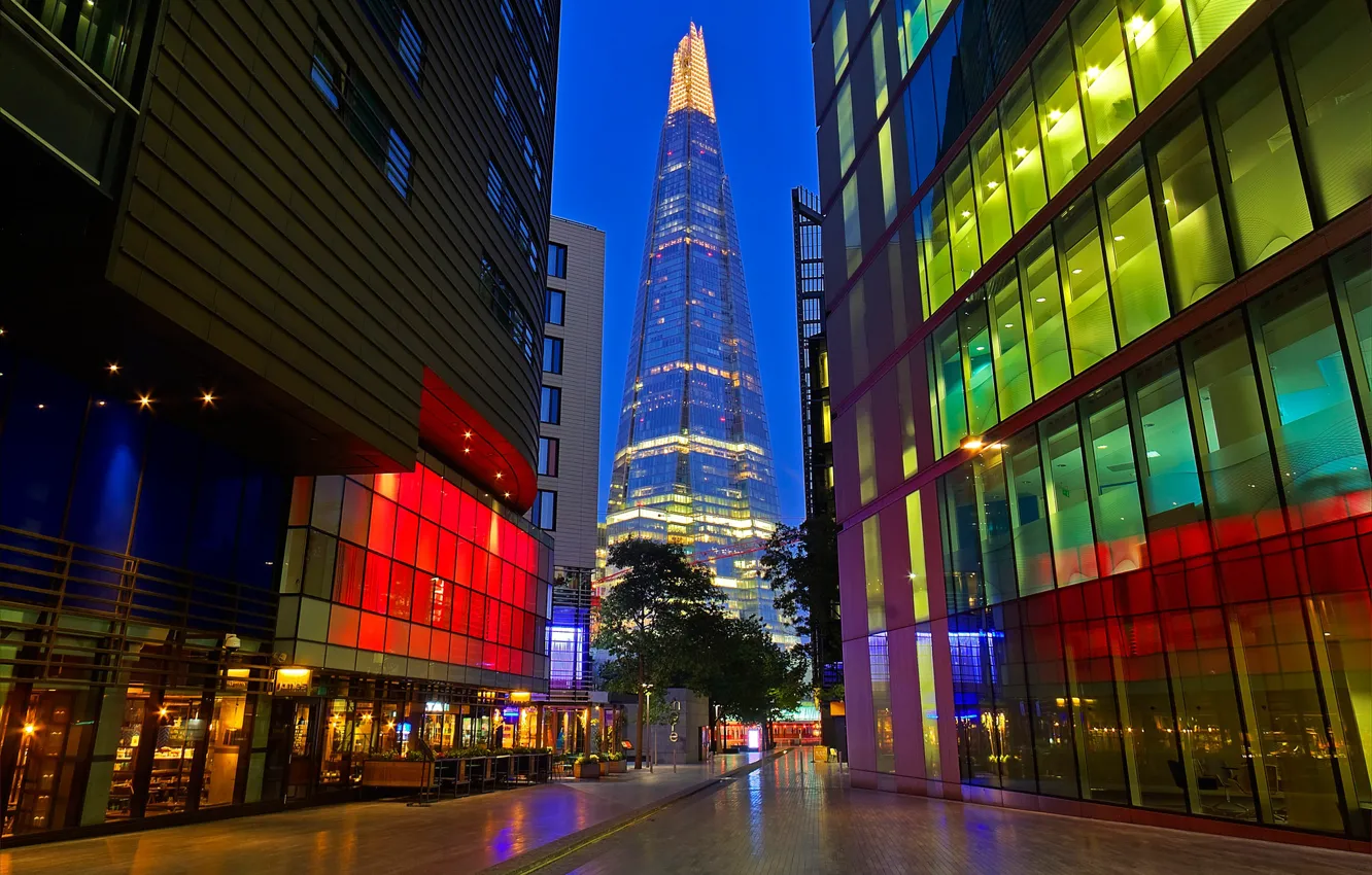 Photo wallpaper night, lights, England, London, tower, skyscraper, Shard