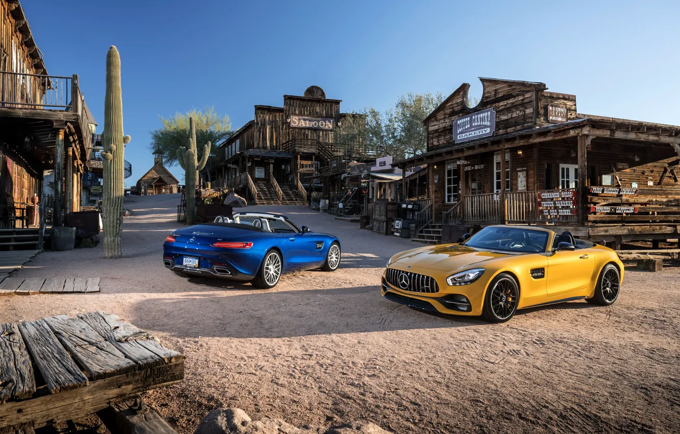 Photo wallpaper Mercedes, western, saloon, cactus, old west, Mercedes AMG GT, rustic environment