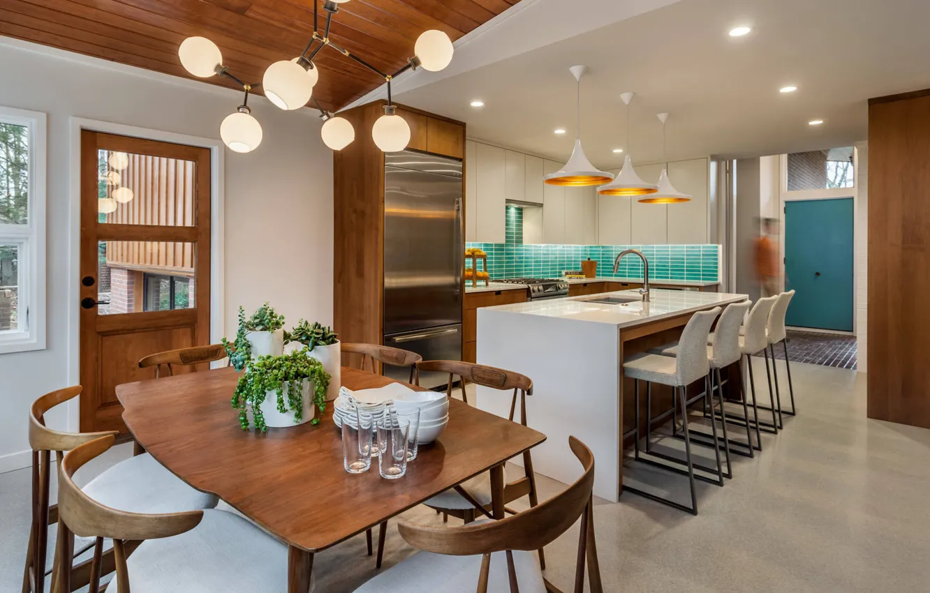 Photo wallpaper design, style, interior, kitchen, dining room, Mid-Century Modern, split level, by Tindall architecture workshop