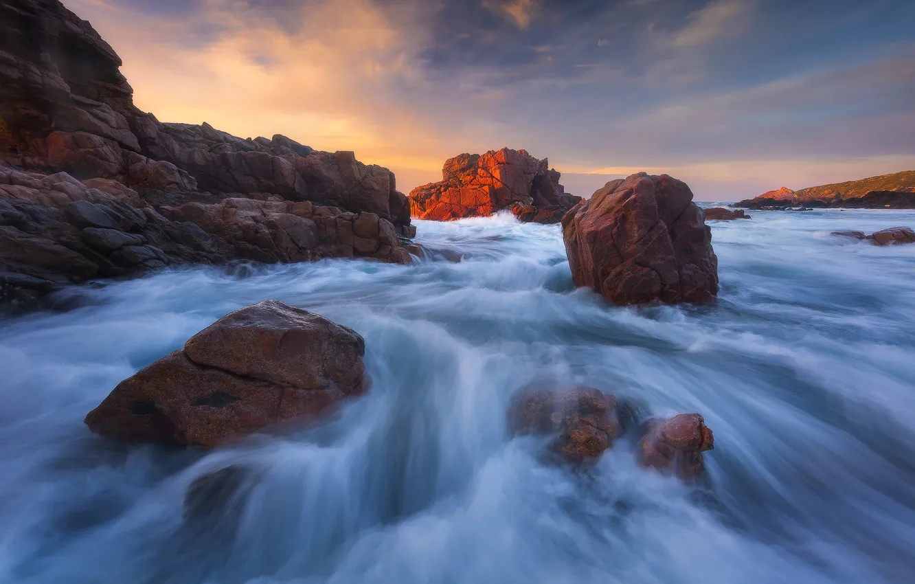 Photo wallpaper sea, wave, the sky, clouds, light, stones, rocks, shore