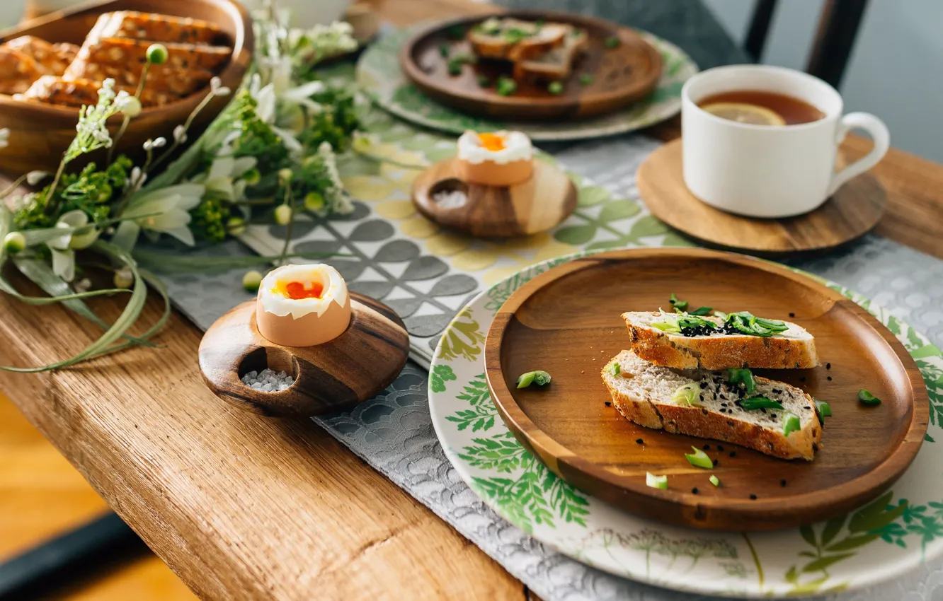 Photo wallpaper greens, flowers, table, tea, Board, eggs, Breakfast, bow