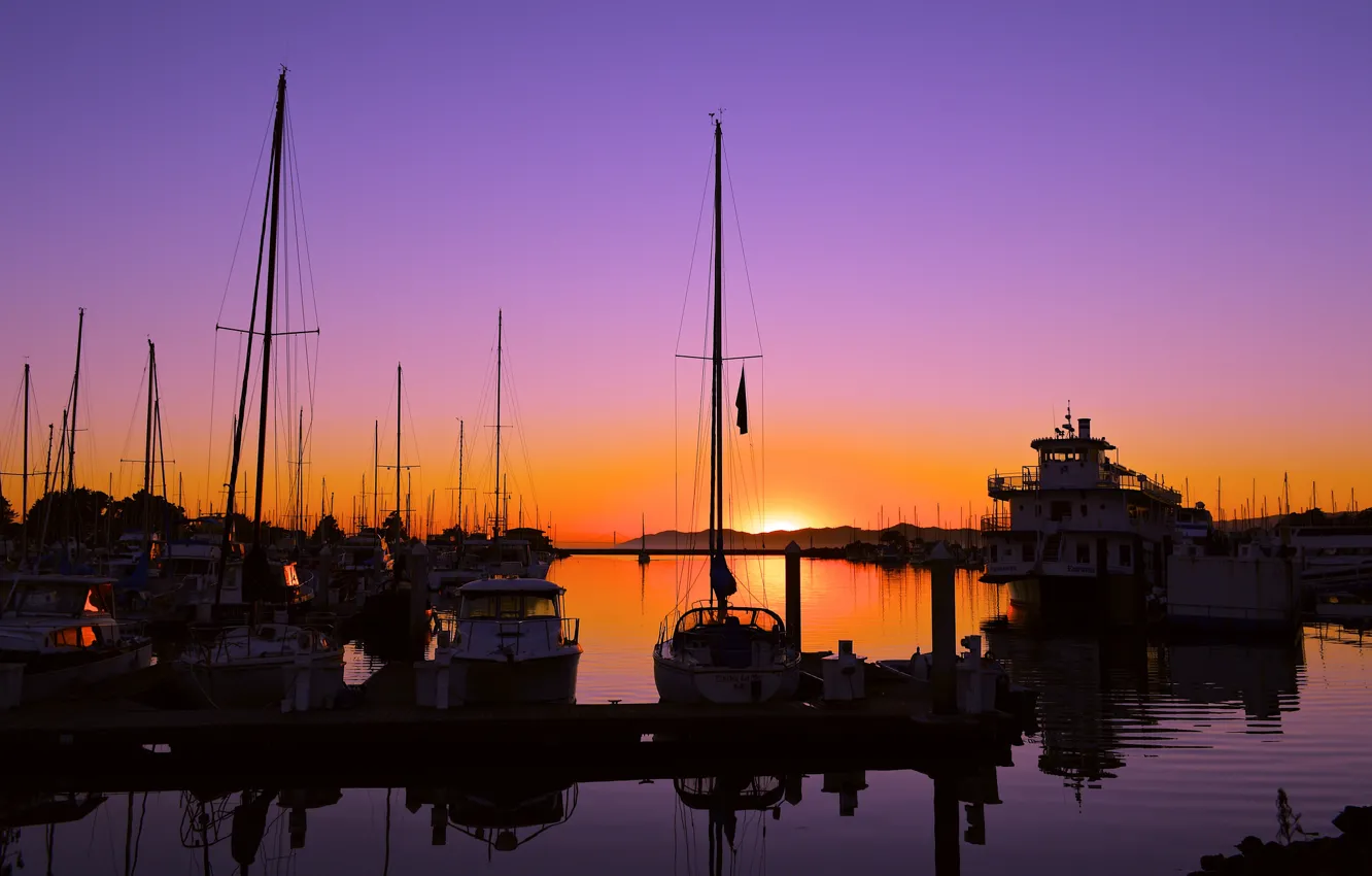 Photo wallpaper sea, the sky, sunset, boat, yacht, harbour