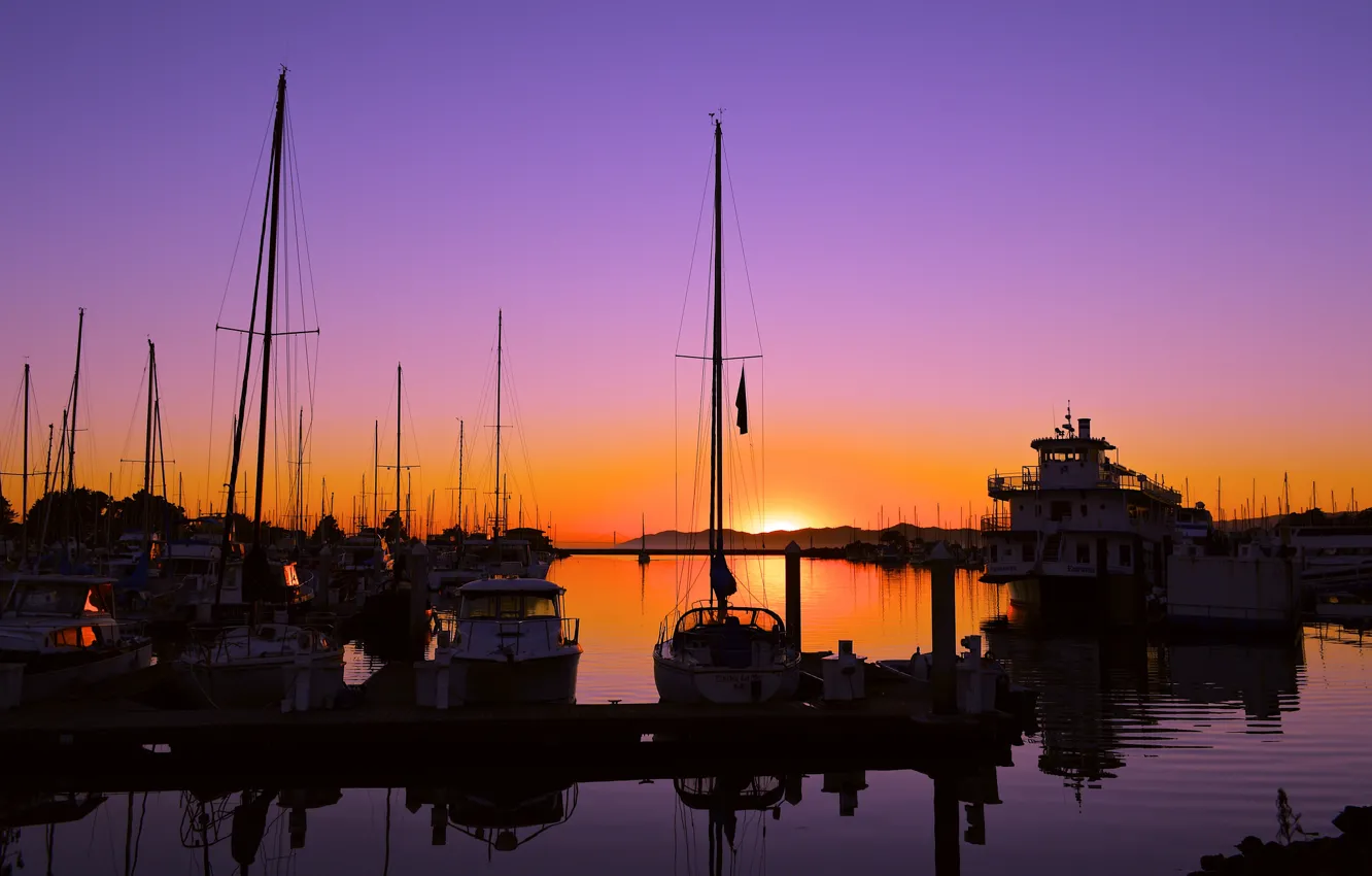 Photo wallpaper sea, the sky, sunset, yachts, boats, harbour