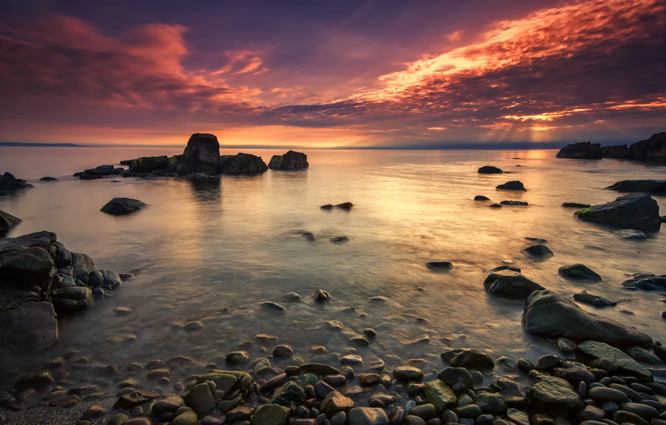 Photo wallpaper sea, stones, rocks, dawn, coast