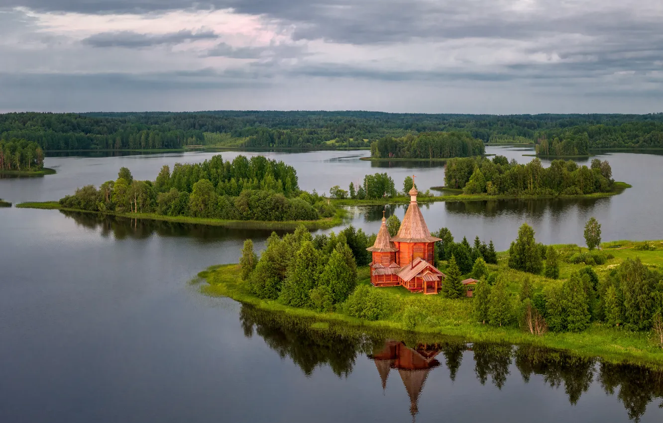 Photo wallpaper temple, Russia, Russia, sky, clouds, lake, reflection, islands