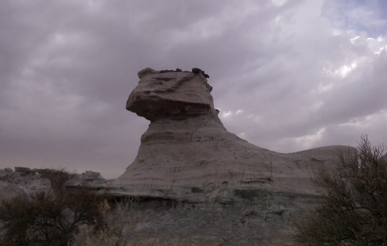 Photo wallpaper the sky, clouds, stones, rocks, Argentina, shrub, Argentina, Valle de la Luna