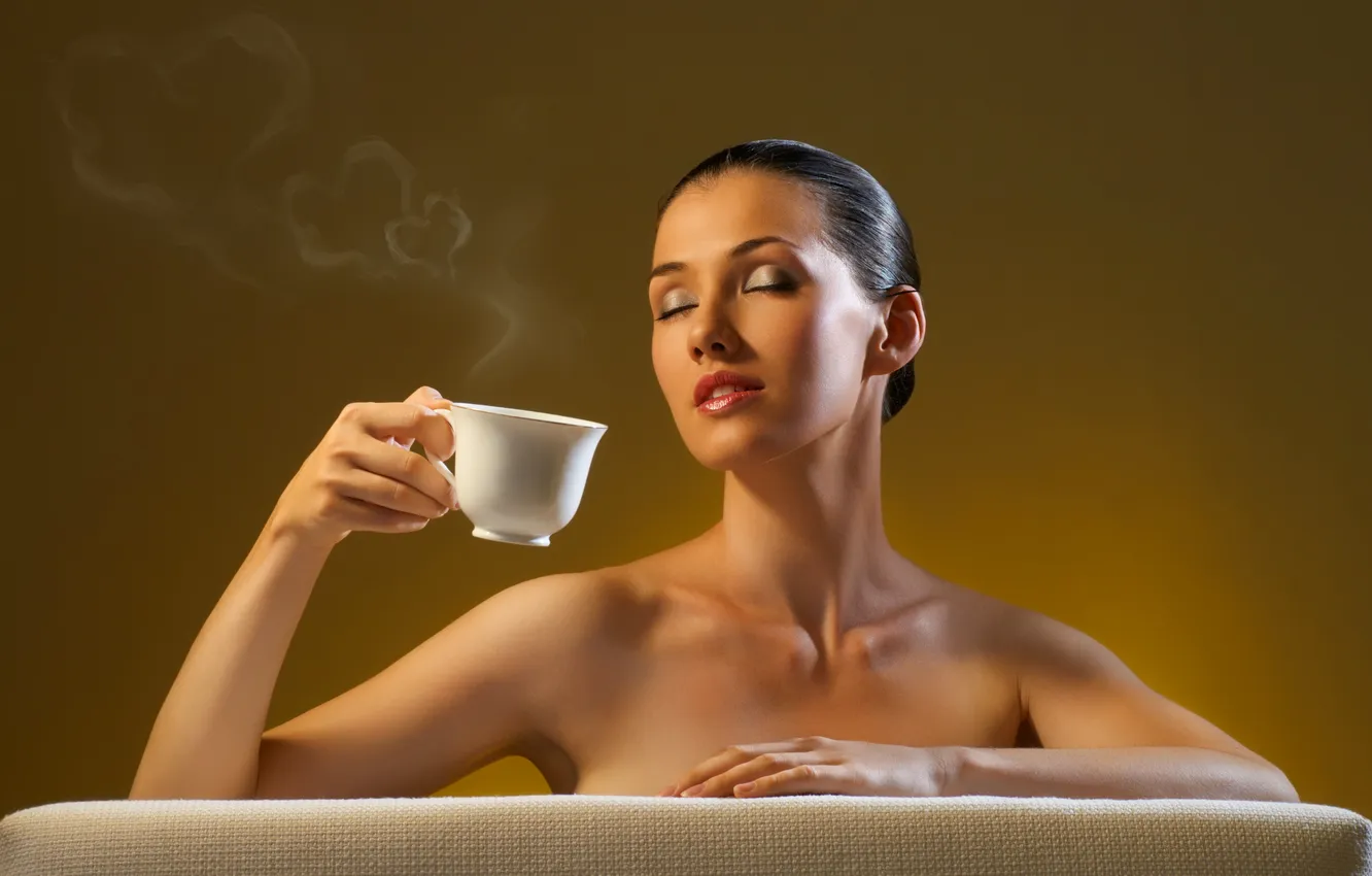 Photo wallpaper girl, coffee, haze