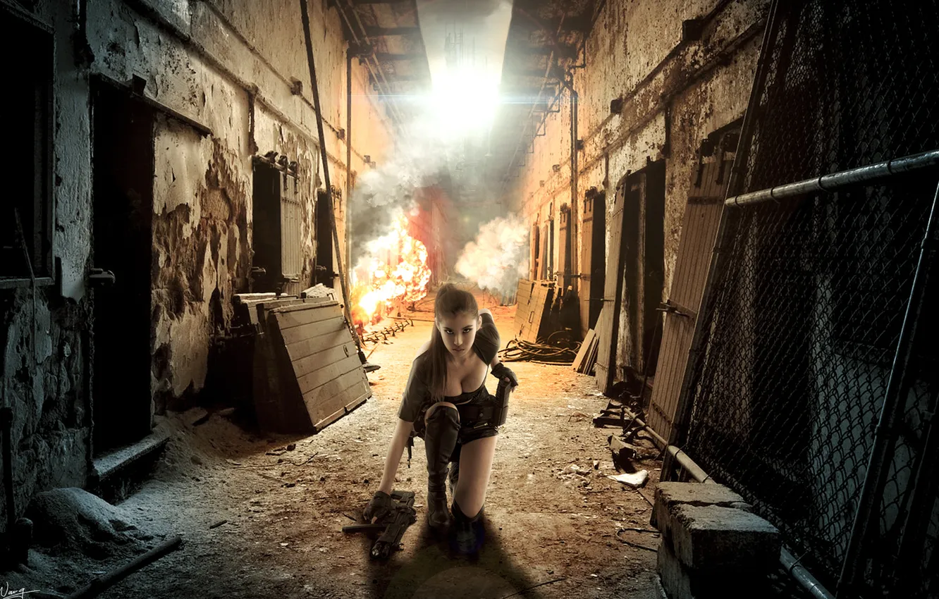 Photo wallpaper girl, lights, weapons, machine, lane, abandonment