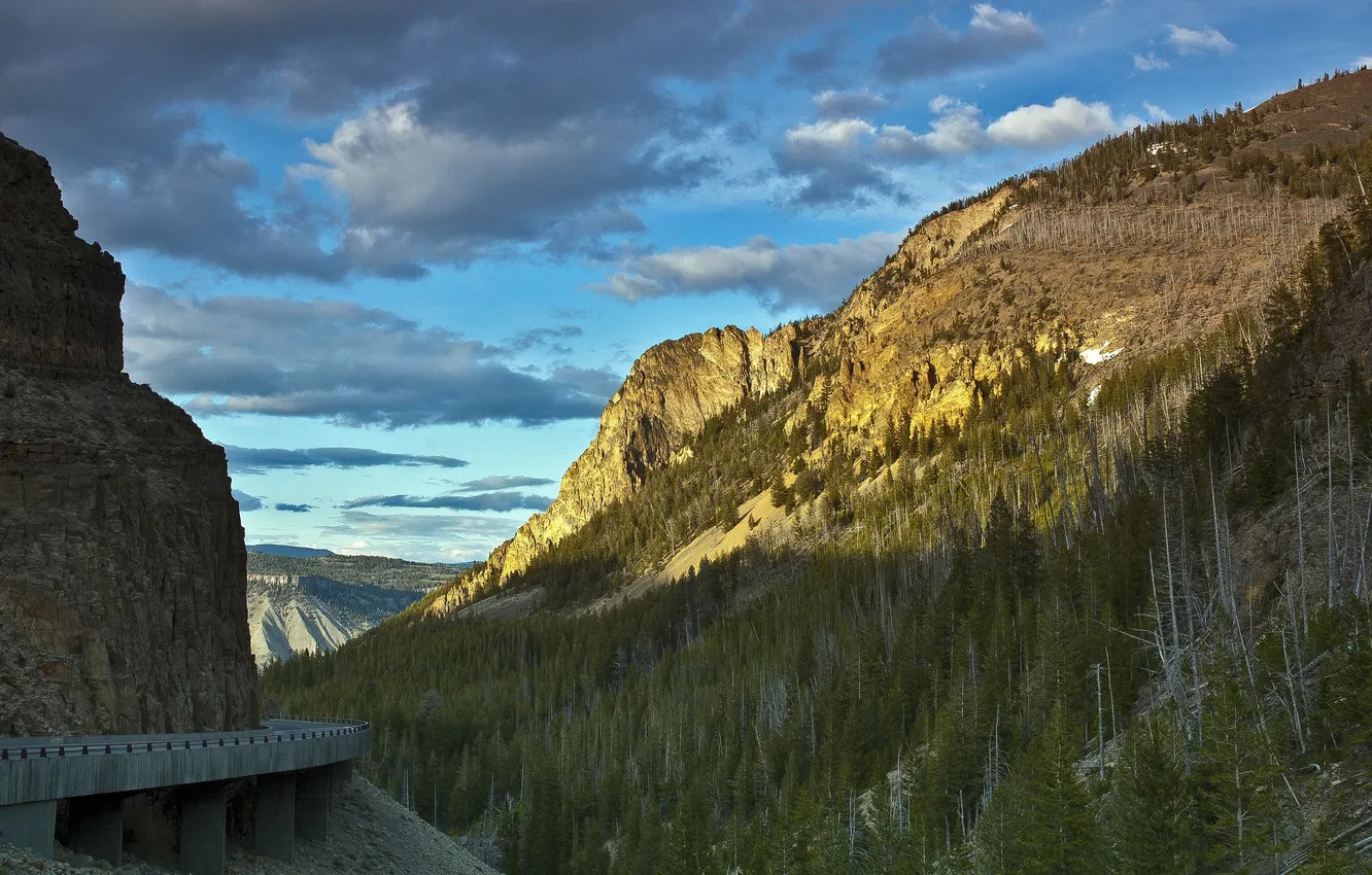 Photo wallpaper road, the sky, clouds, trees, mountains