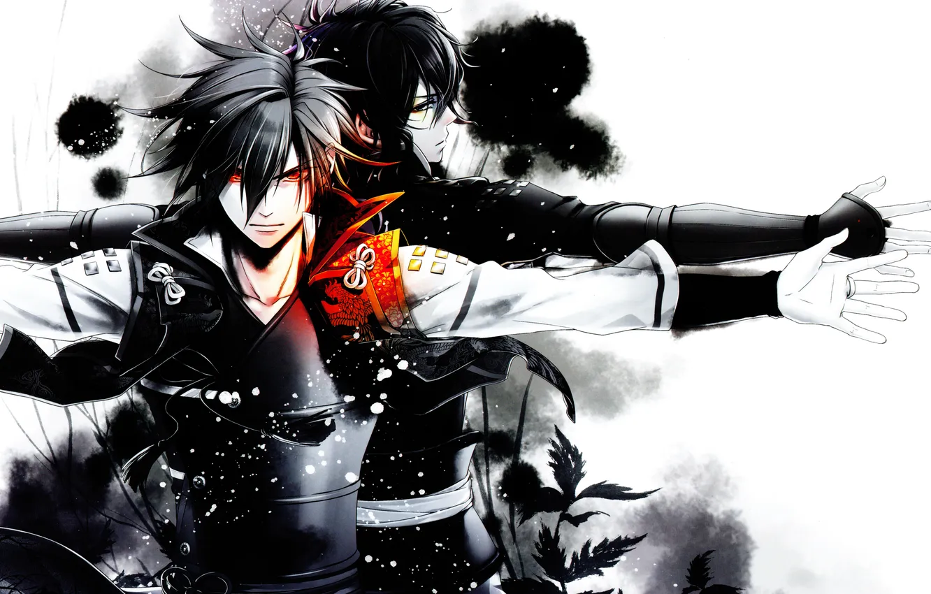 Photo wallpaper male, two, red eyes, monochrome, Kazuya, Chitose, Toki no Kizuna, arms outstretched