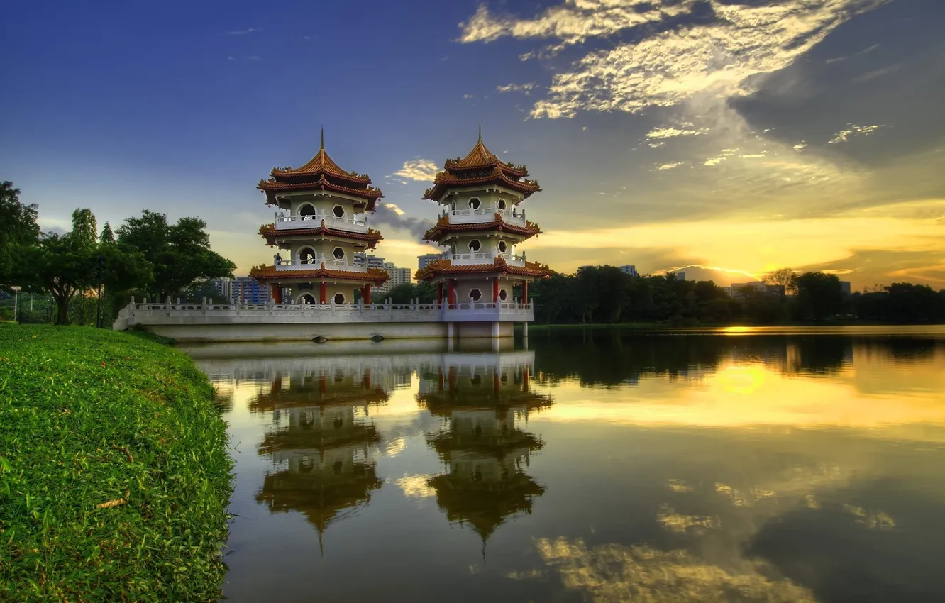 Photo wallpaper water, river, pagoda