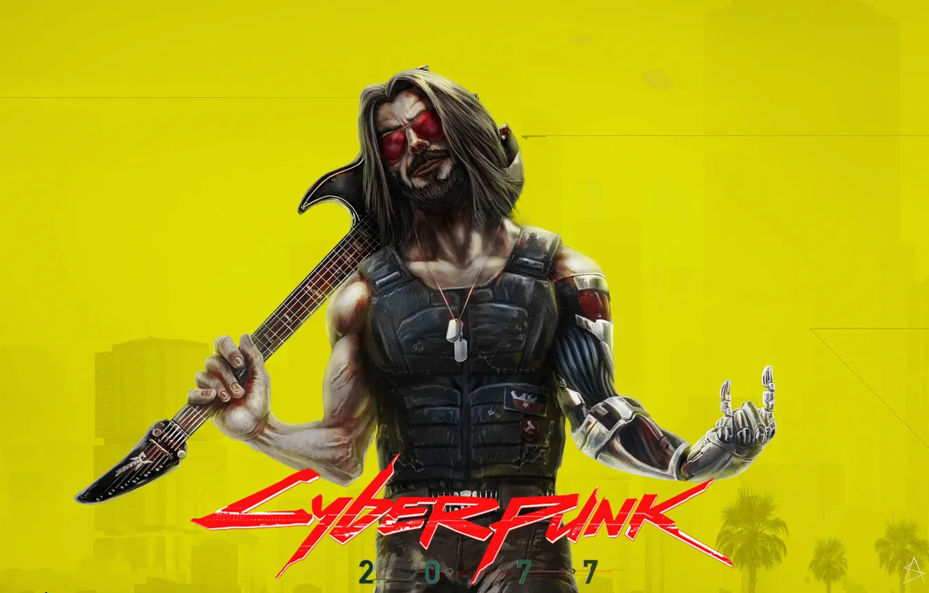Photo wallpaper guitar, cyborg, cyberpunk, Cyberpunk 2077, Johnny Silverhand