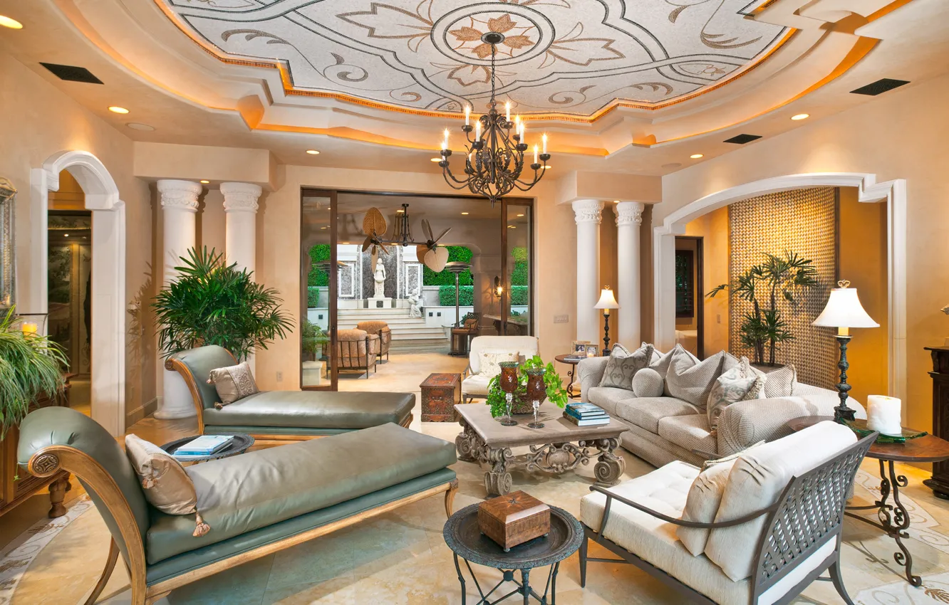 Photo wallpaper room, sofa, interior, chair, candles, chandelier, statue, columns