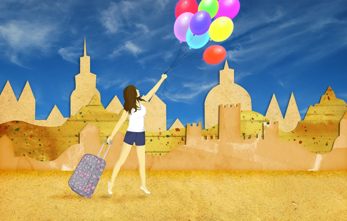 Photo wallpaper sand, summer, the sky, girl, balls, stay, collage, shorts