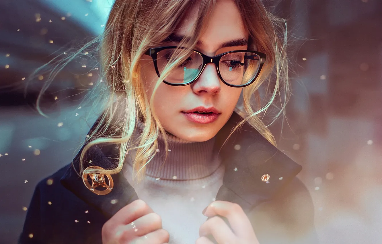 Photo wallpaper look, girl, light, glare, glasses, bokeh