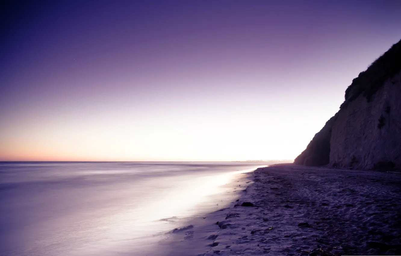 Photo wallpaper sand, sea, stones, shore, Mountain, lilac evening
