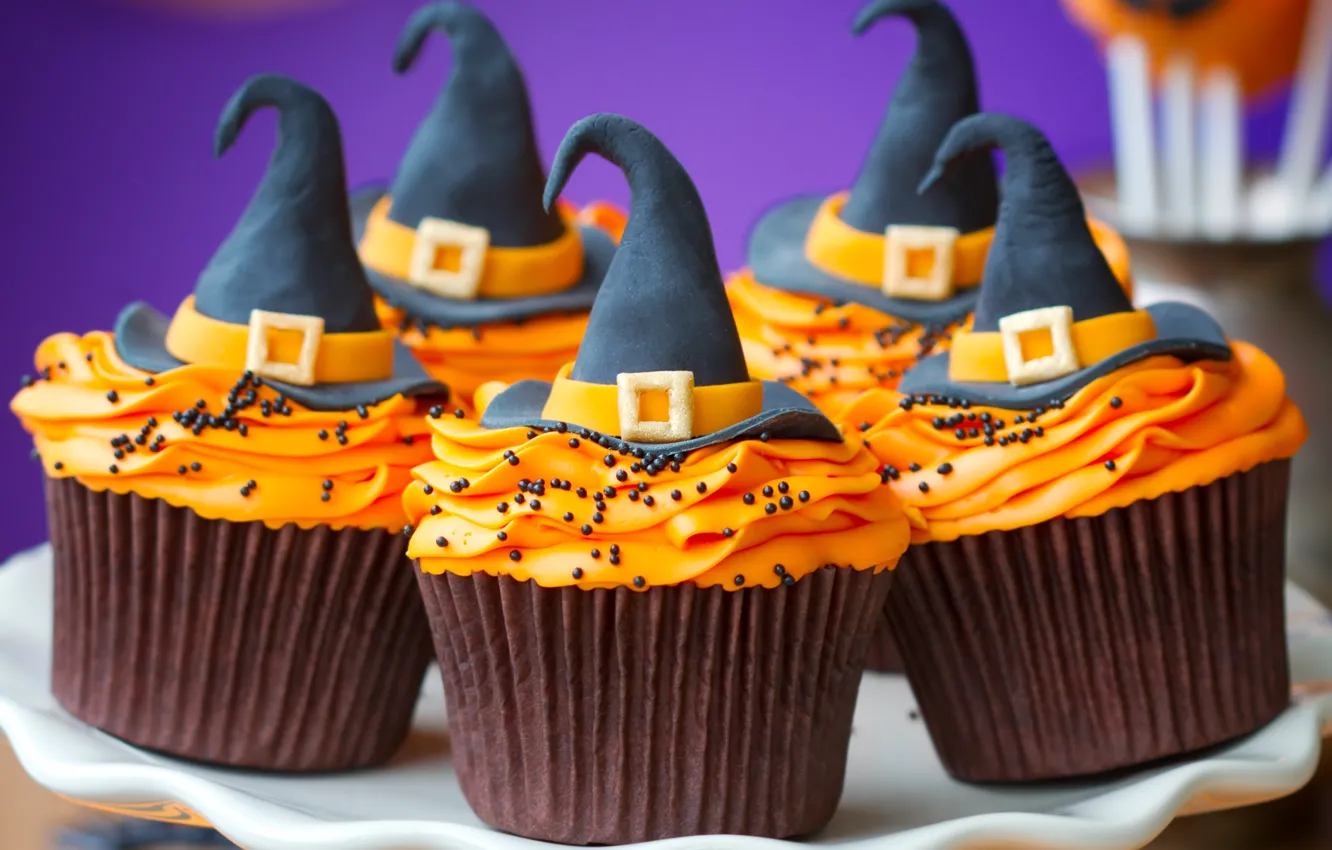 Photo wallpaper decoration, hat, Halloween, Halloween, cream, dish, cupcakes