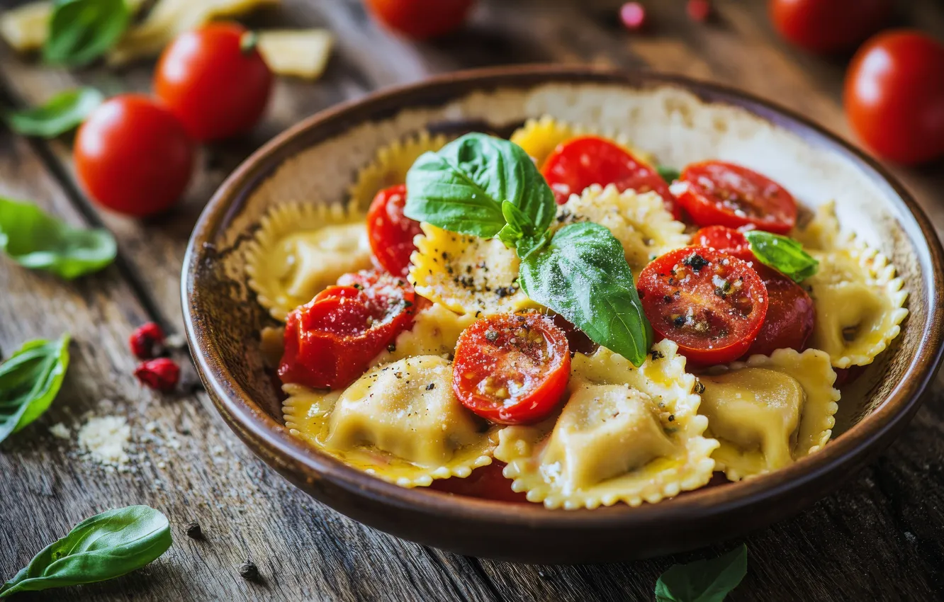 Photo wallpaper table, Board, bowl, tomatoes, spices, dumplings, Basil, AI art