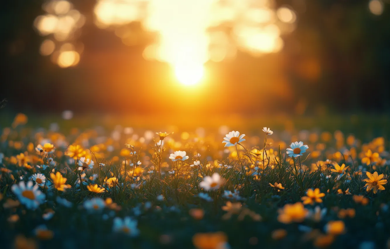 Photo wallpaper grass, rays, light, flowers, yellow, glade, chamomile, spring