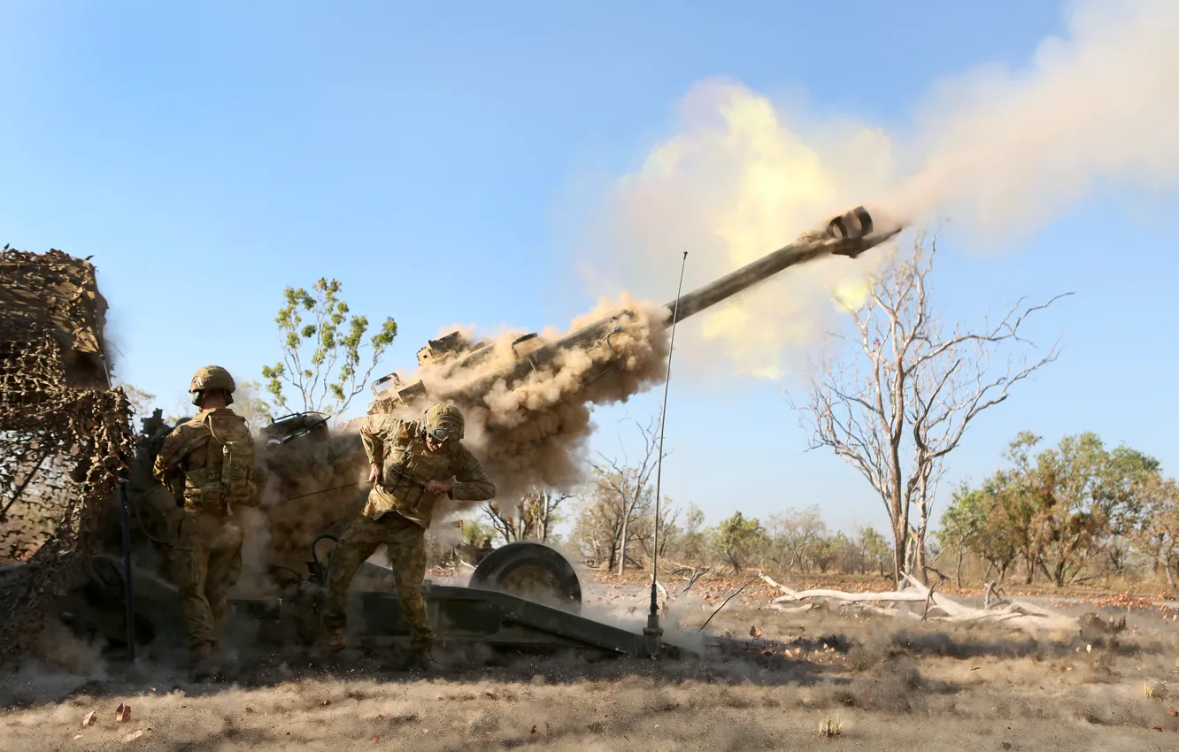 Photo wallpaper soldiers, volley, howitzer, M777, Howitzer
