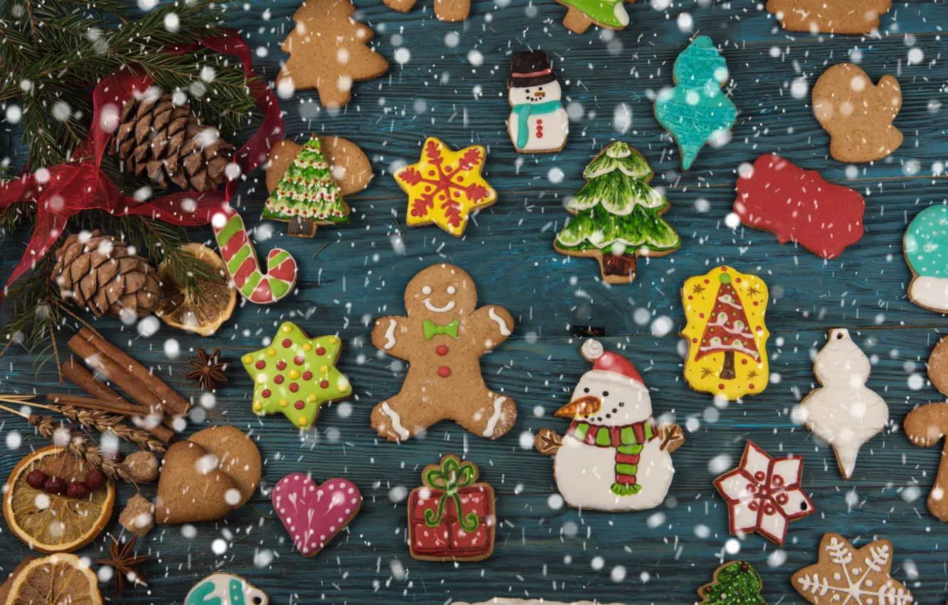 Photo wallpaper snow, New Year, cookies, Christmas, wood, Merry Christmas, cookies, decoration