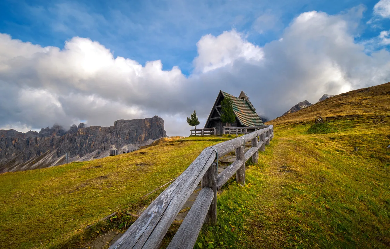 Photo wallpaper field, the sky, grass, mountains, blue, rocks, the fence, slope