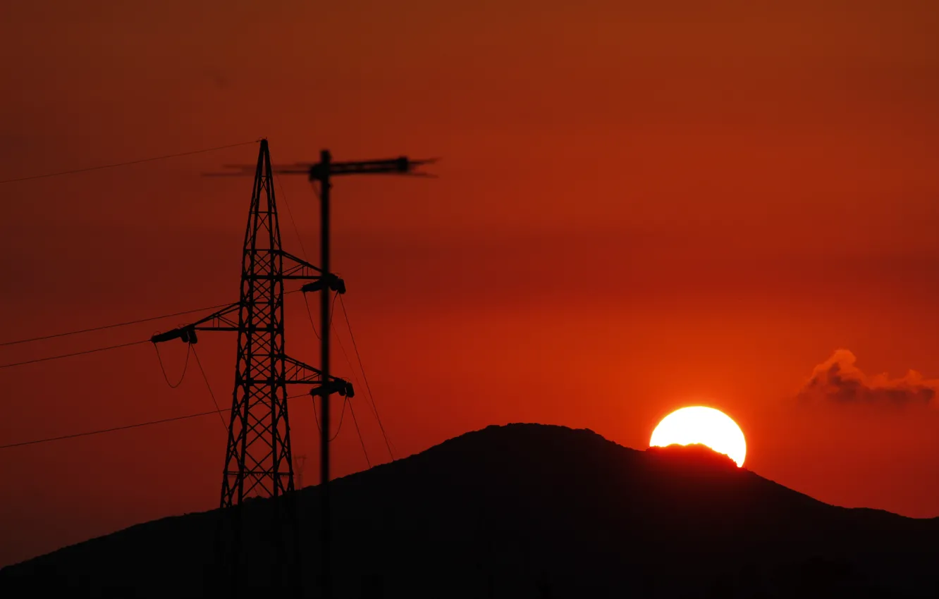 Photo wallpaper the sky, the sun, sunset, wire, tower
