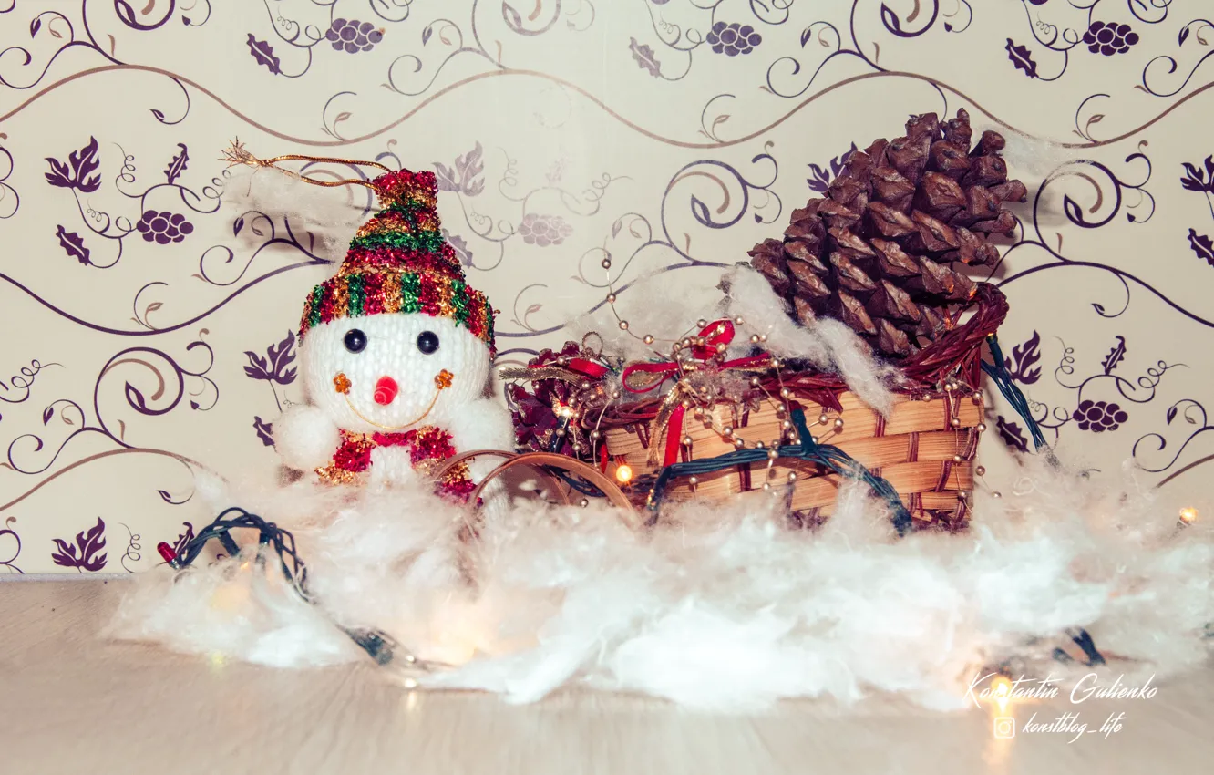 Photo wallpaper snow, new year, snowman, bump, sled
