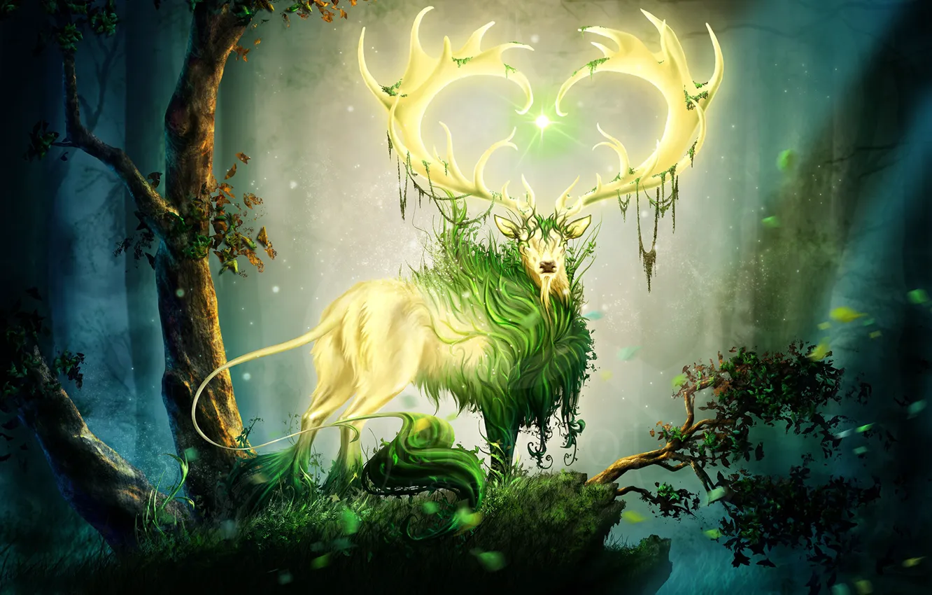 Photo wallpaper forest, hills, deer, glows