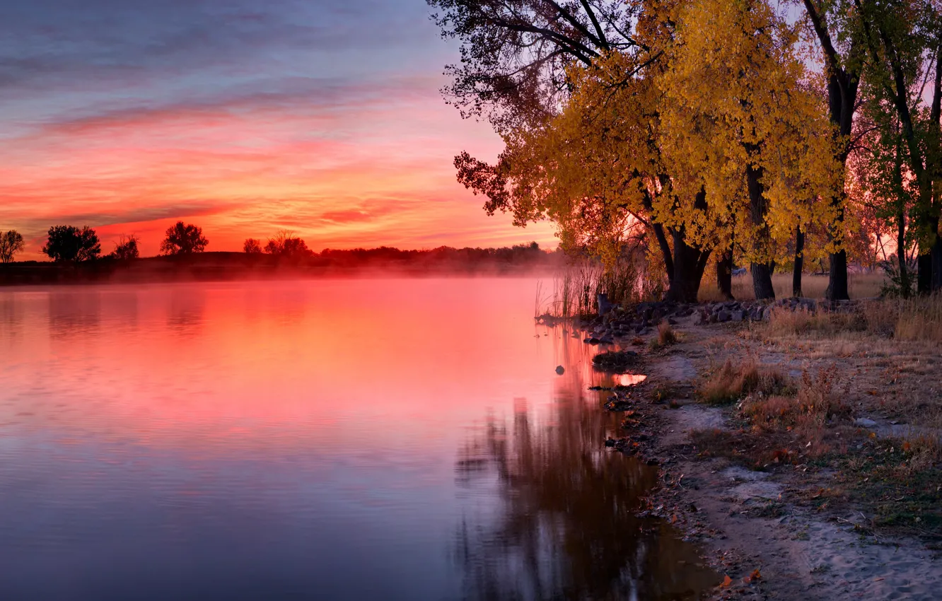 Photo wallpaper autumn, clouds, trees, sunset, fog, lake, reflection, dawn