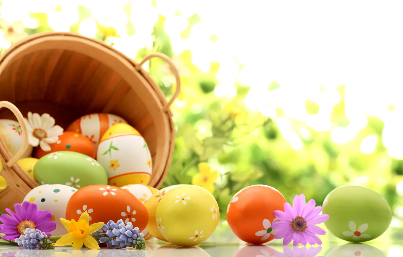 Photo wallpaper flowers, holiday, basket, eggs, spring, Easter, lavender, daffodils