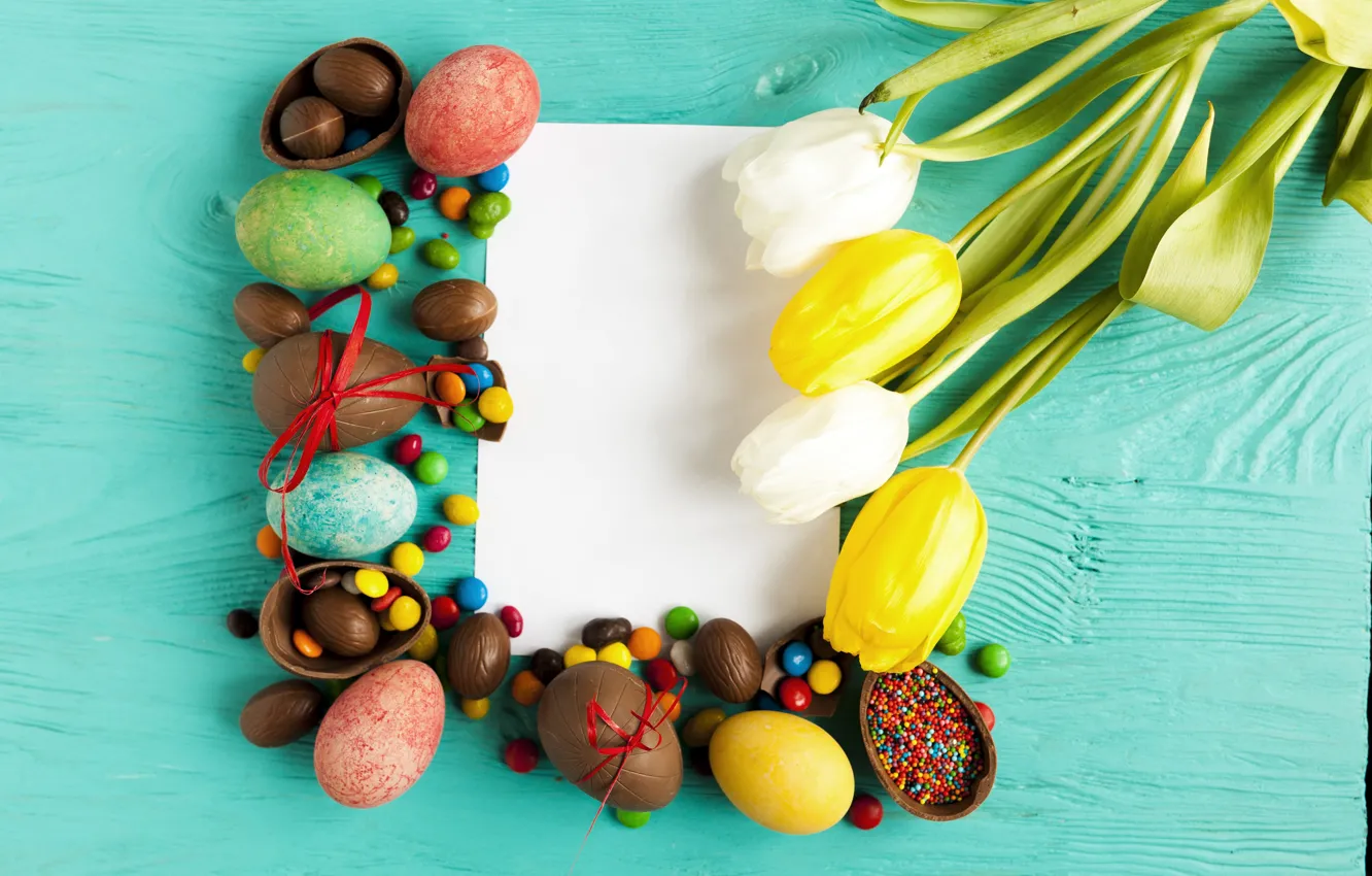 Photo wallpaper flowers, holiday, chocolate, eggs, Easter, tulips