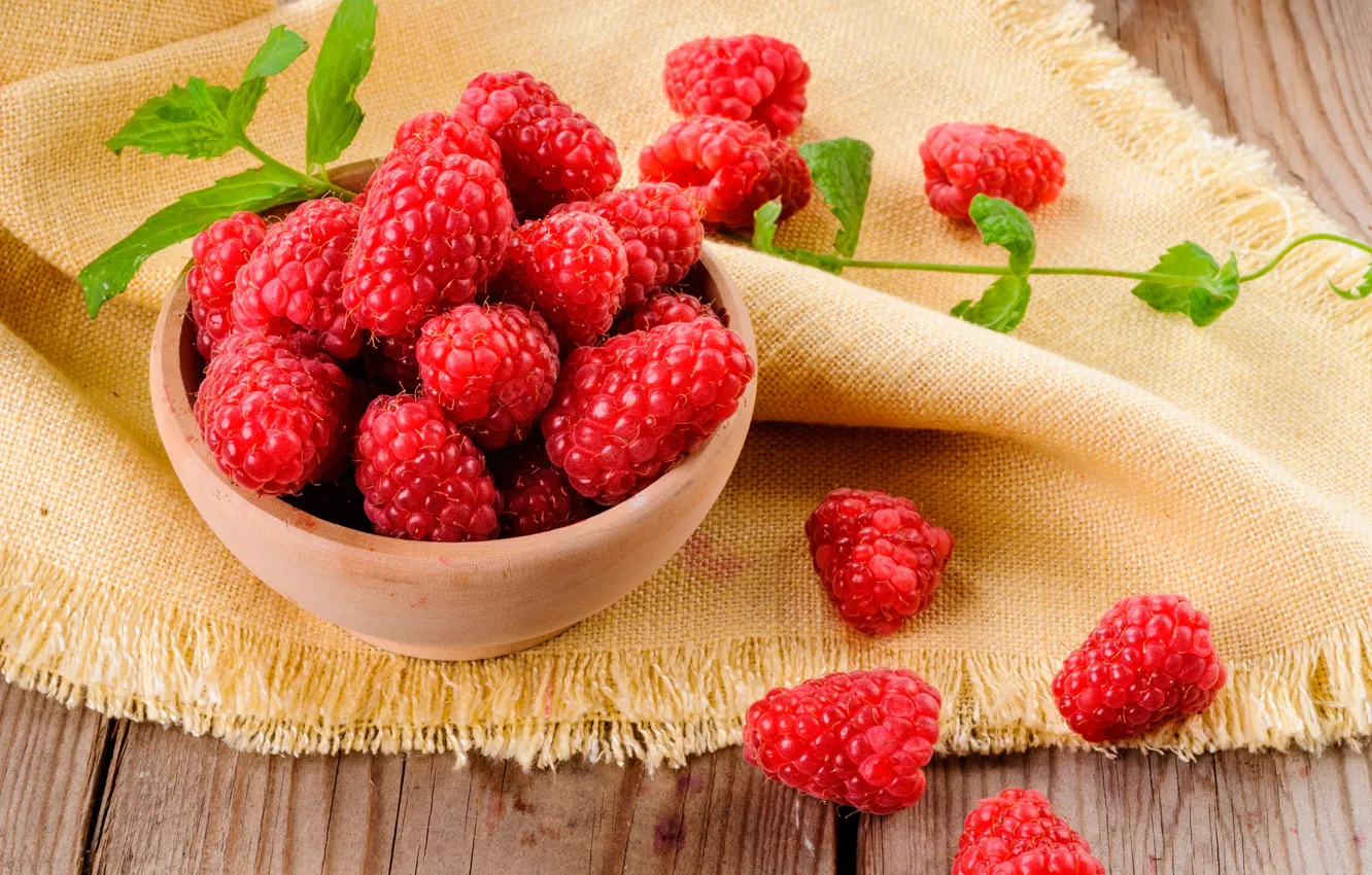 Photo wallpaper red, berries, raspberry, table, Cup, tablecloth, closeup