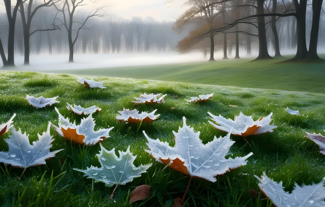 Photo wallpaper frost, grass, leaves, nature, fog