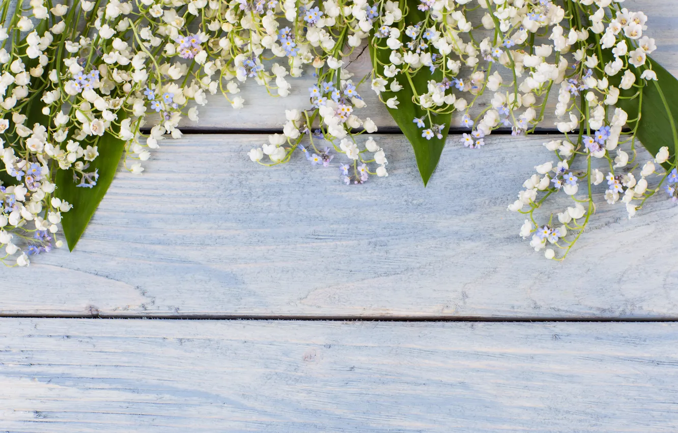 Photo wallpaper flowers, bouquet, spring, white, lilies of the valley, wood, flowers, spring