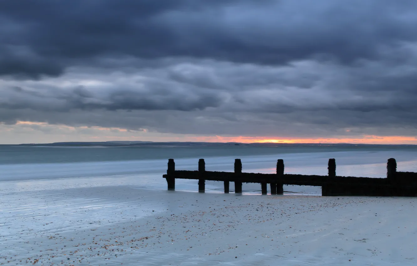 Photo wallpaper sand, sea, the sky, sunset, clouds, shore, England, the evening