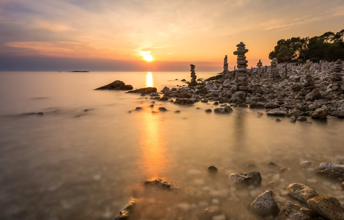 Photo wallpaper sunset, stones, stack, pond